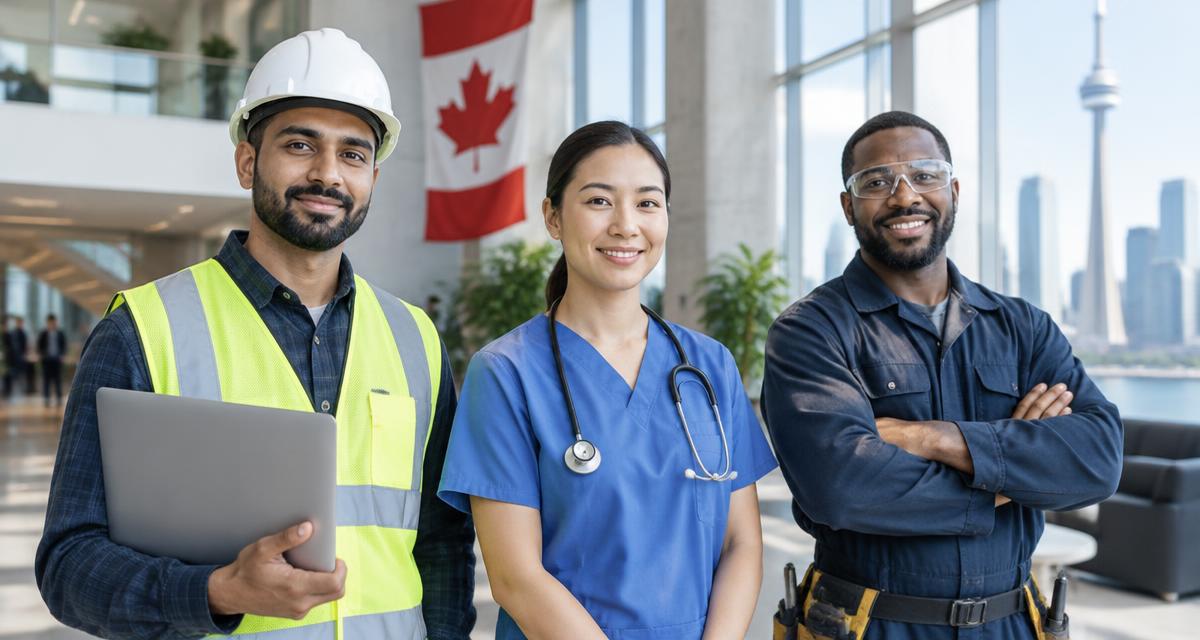Skilled professionals in Canada — a construction engineer, a healthcare worker and a tradesperson — representing workers affected by the 2026 Express Entry changes
