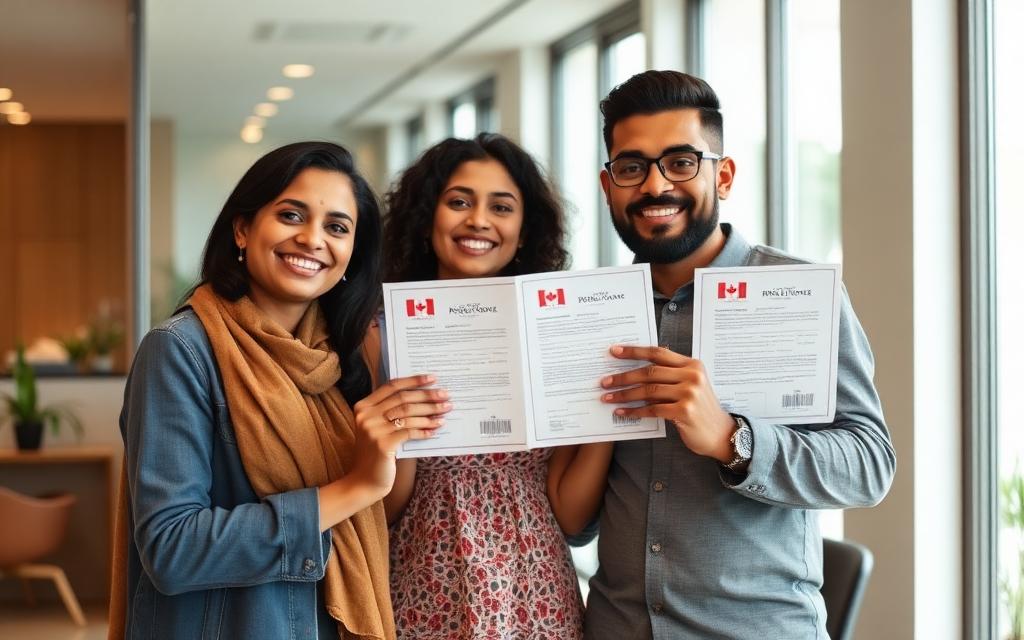 Family celebrating Canadian permanent residence approval