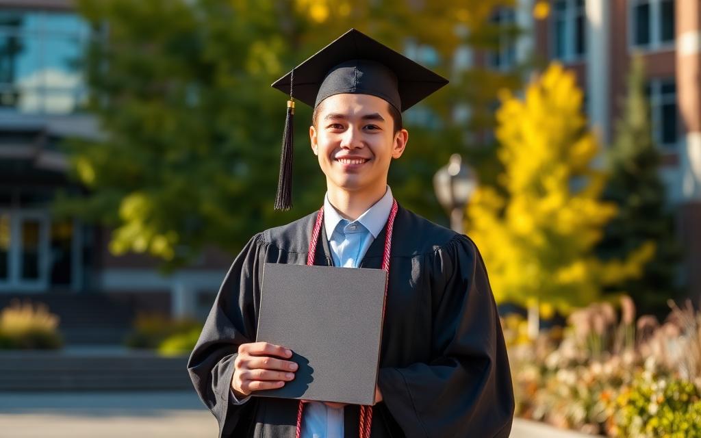International graduate outside a Canadian university campus